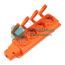 Розетка (колодка) Rexant влагозащищенная с крышкой 4 гнезда COMPACT, с/з, 16А, IP54, каучук, оранжевый