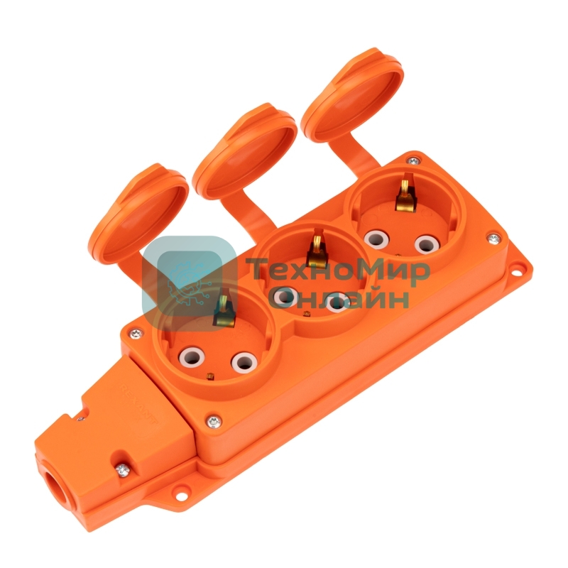 Розетка (колодка) Rexant влагозащищенная с крышкой 3 гнезда COMPACT, с/з, 16А, IP54, каучук, оранжевый