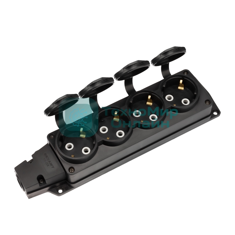 Розетка (колодка) Rexant влагозащищенная с крышкой 4 гнезда COMPACT, с/з, 16А, IP54, каучук, черный