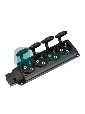 Розетка (колодка) Rexant влагозащищенная с крышкой 4 гнезда COMPACT, с/з, 16А, IP54, каучук, черный