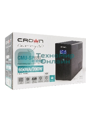 Источник бесперебойного питания CROWN Line Intractive CMU-SP650EURO LCD USB 650VA\390W, корпус металл, 1x12V/7AH, розетки 2*EURO+3*IEC, трансформатор AVR 140-290V, LCD-дисплей, съемный кабель 1.2 м, порт RJ11/45, порт USB, защита: от перегрузки, от КЗ, от скачков напражения