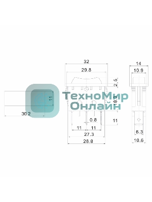 Выключатель клавишный Rexant 250V 10А (3с) ON-OFF-ON черный с нейтралью