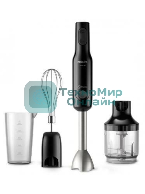 Блендер погружной Philips HR2543/90, 700 Вт, 1 скорость, турбо режим, стакан для взбивания, венчик, измельчитель, черный