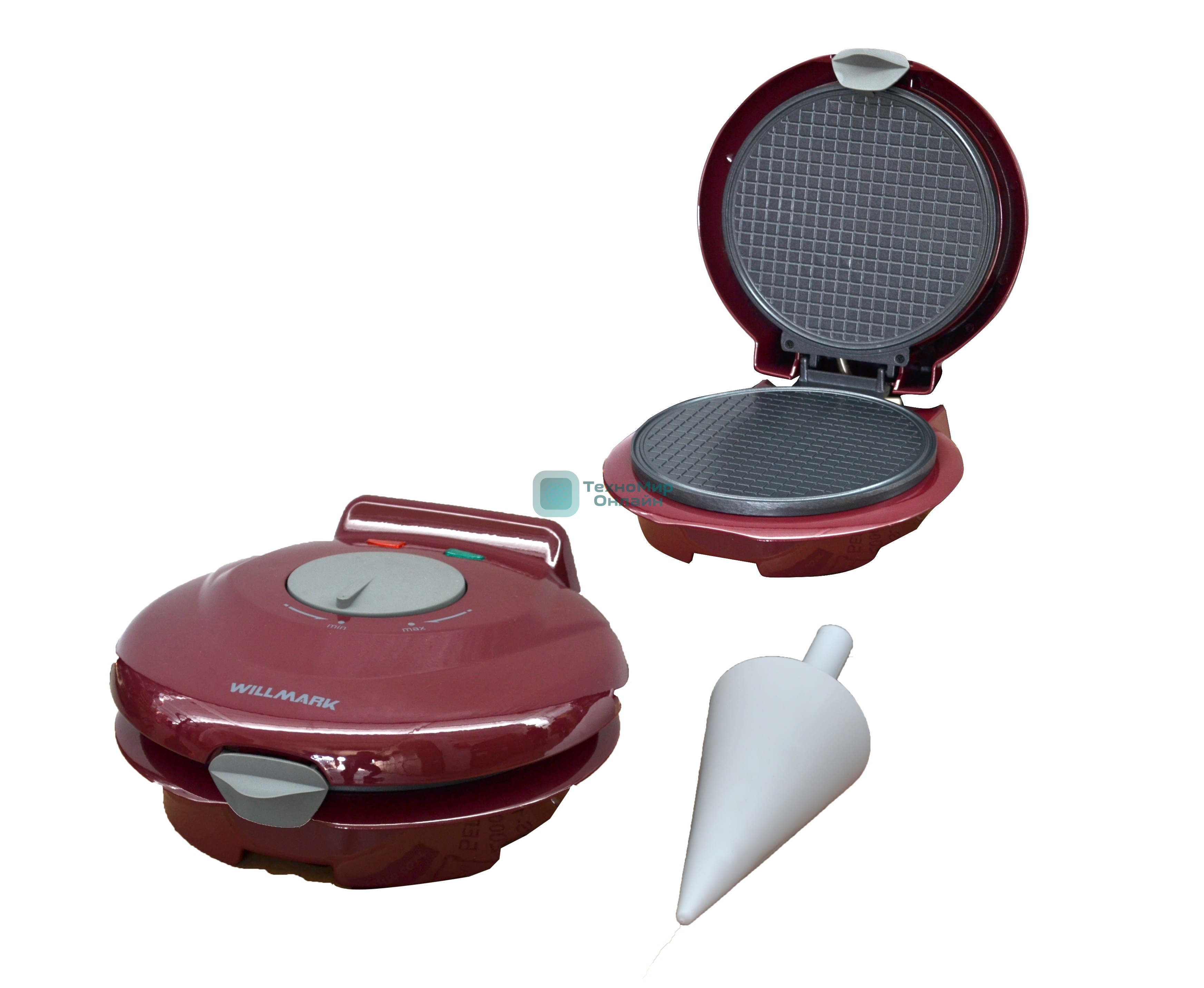Вафельница Willmark WM-103R (1 круглая ваф. форма, терморегулятор, 750Вт, конус для морож., красная)