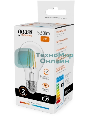 Лампа светодиодная филаментная Gauss Filament 7Вт цок.: E27 груша св. свеч. бел. теп. (упак.: 10 шт)